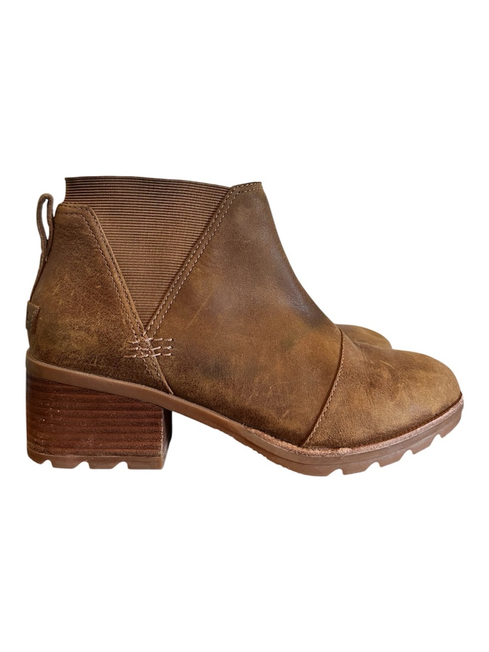Sorel Cate Chelsea Brown Leather Waterproof Ankle Booties with Block Heel